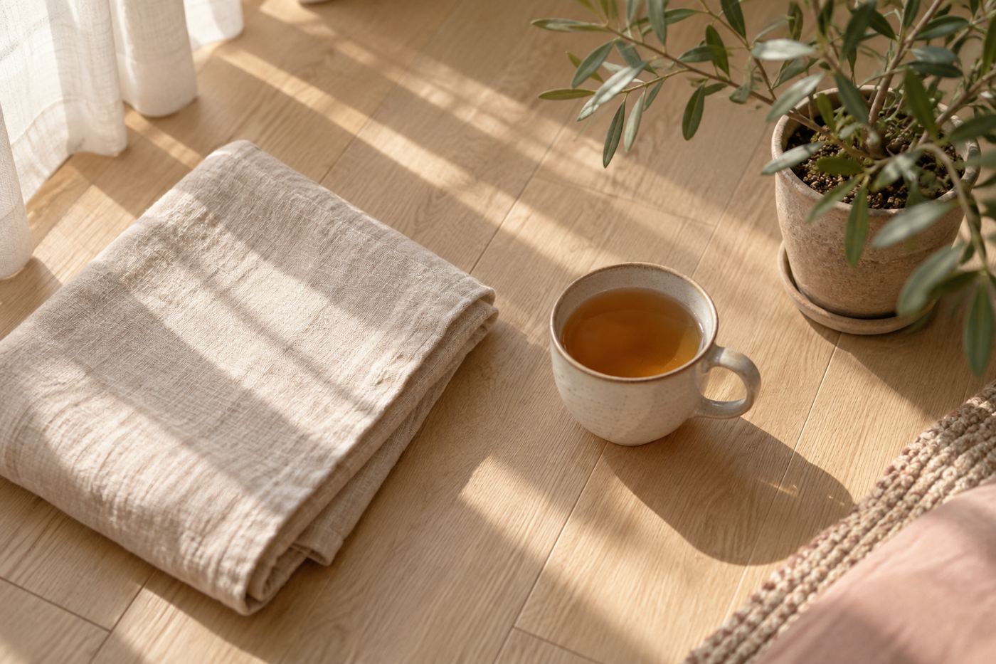朝の床に置かれたリネンのタオルとお茶